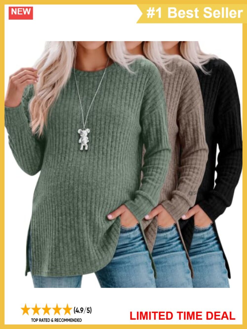 3 Pack Maternity Long Sleeve Ribbed Sweater Split Side Pregnancy Top